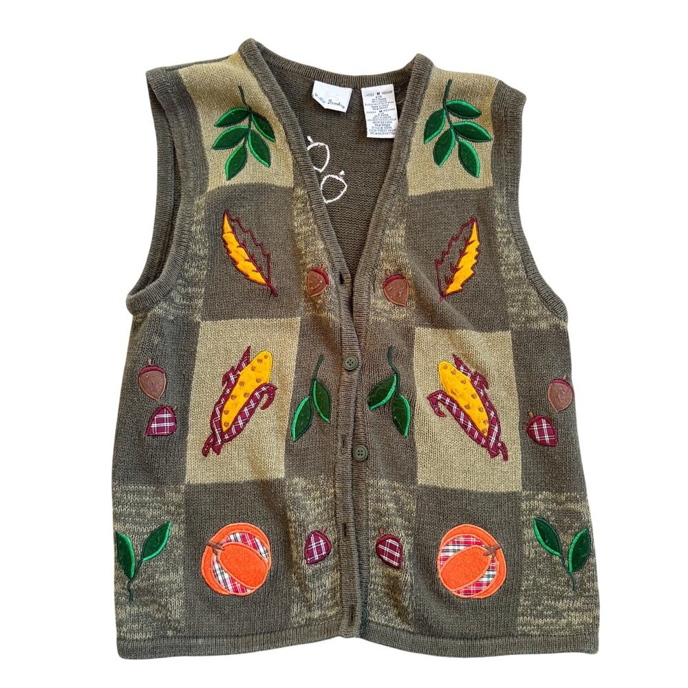 Bobbie Brooks Womens Fall Harvest Pumpkin Corn Print Vest Green Size Medium